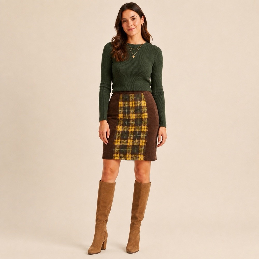 Anthropologie Maeve Plaid Swathe Corduroy Pencil Skirt Brown Wool Plaid Size 8